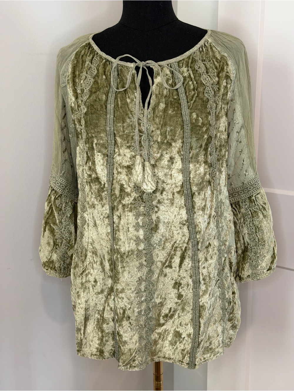 Young Threads Crushed Velvet Lace-Paneled Peasant Top - Sage Green